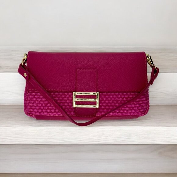 Italian Leather and Raffia Clutch in Fuchsia - Picture 1 of 9